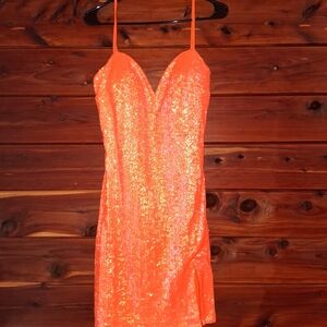Jovani Vibrant Orange Sequin Mini Dress